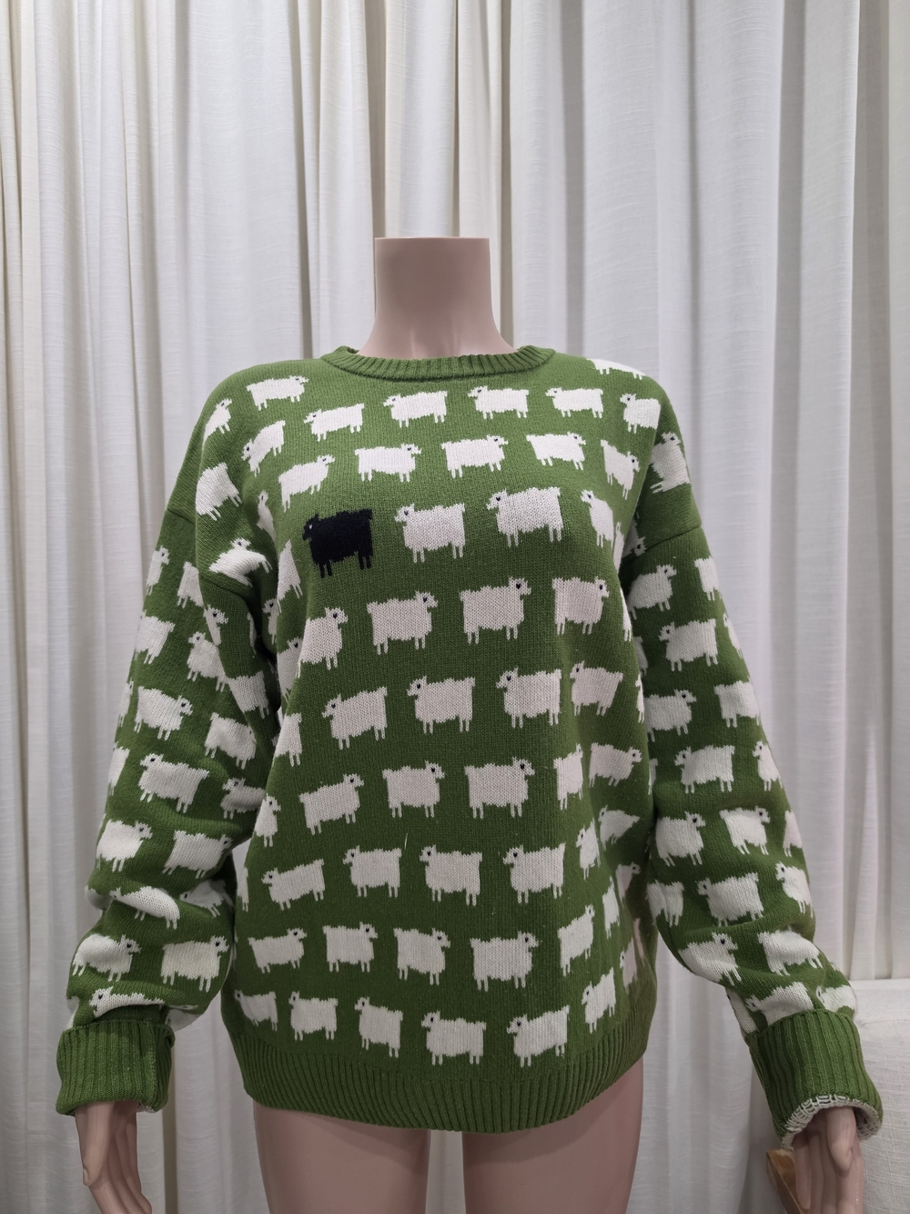 Green Sheep Pattern Crewneck Sweater